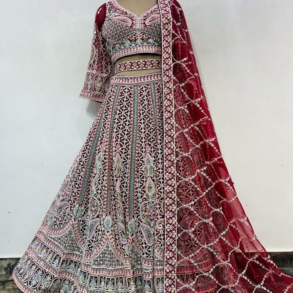 Elegant Red Embroidered net Lehenga with all over pearls